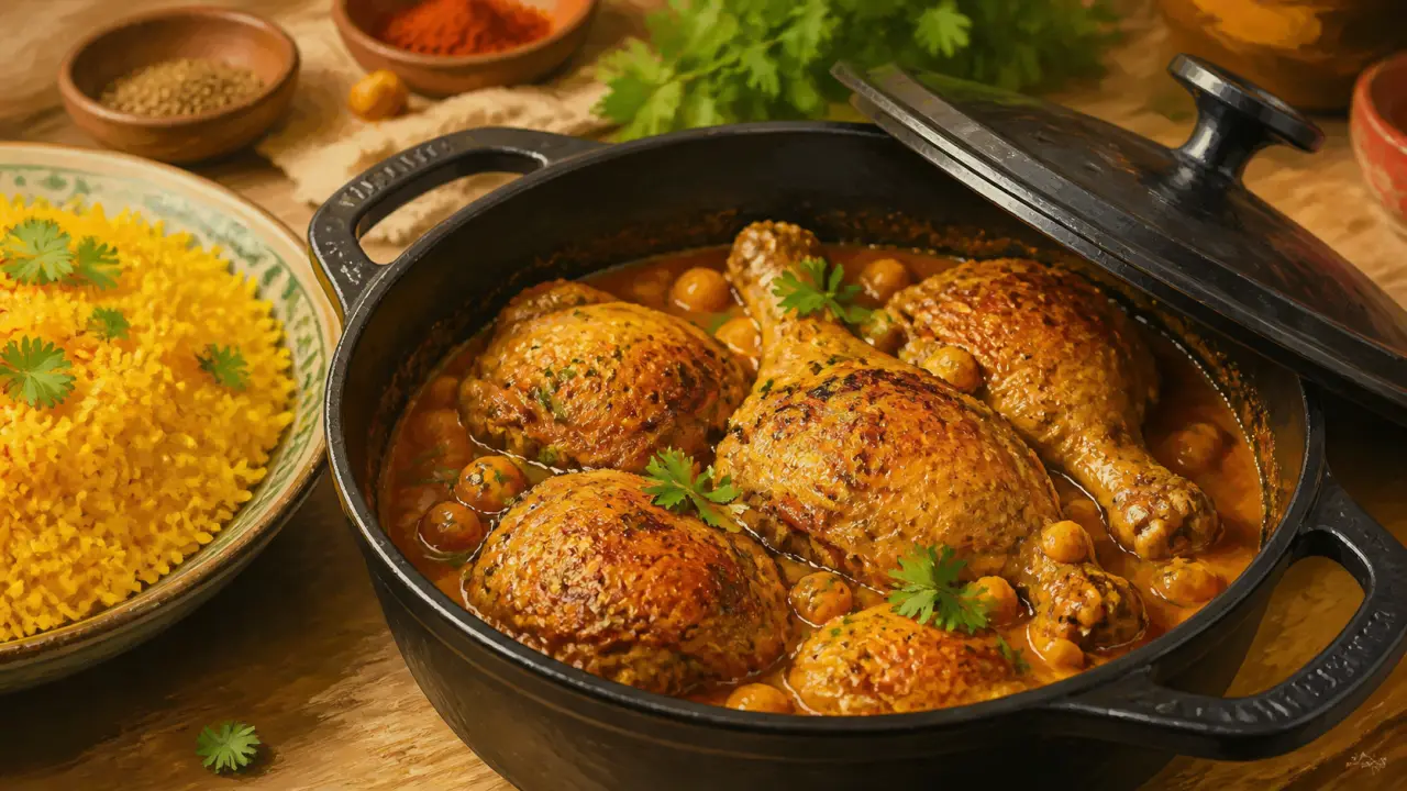 Recette au poulet marocain en cocotte, riz au safran et pois chiches, poulet doré
