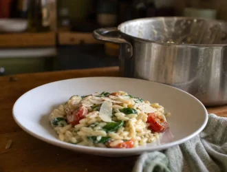 Recette orzo crémeux avec tomates, épinards et citron
