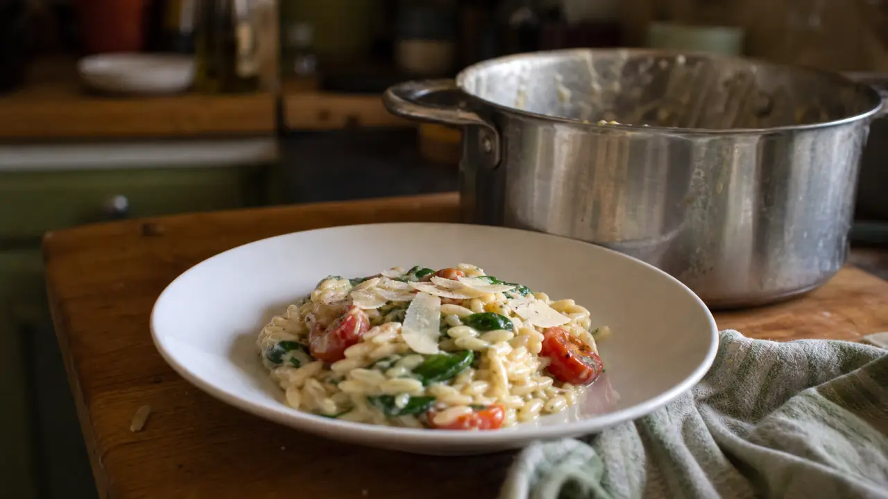 Recette orzo crémeux avec tomates, épinards et citron