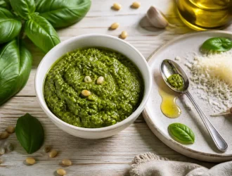 Recette pour pesto basilic maison : pesto vert au basilic, huile d’olive et parmesan