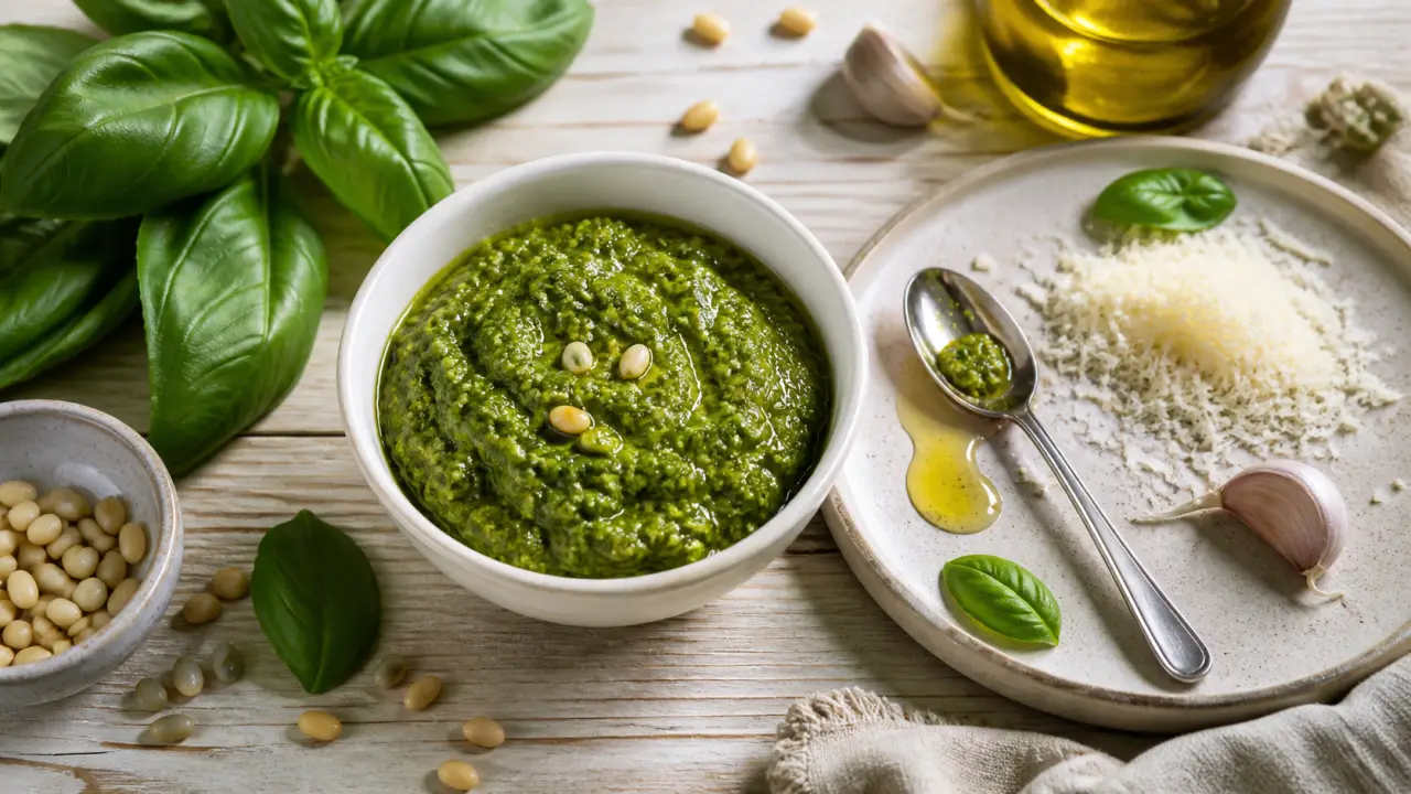 Recette pour pesto basilic maison : pesto vert au basilic, huile d’olive et parmesan
