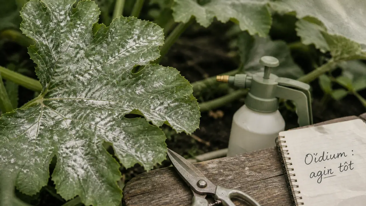 Traitement oidium courgette : tache blanche poudreuse sur feuille de courgette