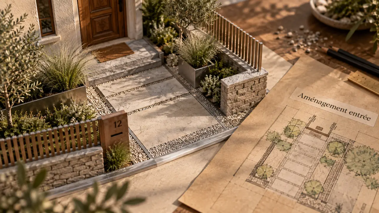 Aménagement extérieur devant maison : entrée accueillante, allée et gravier