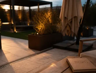 Aménagement extérieur terrasse moderne en pierre et bois avec drainage discret