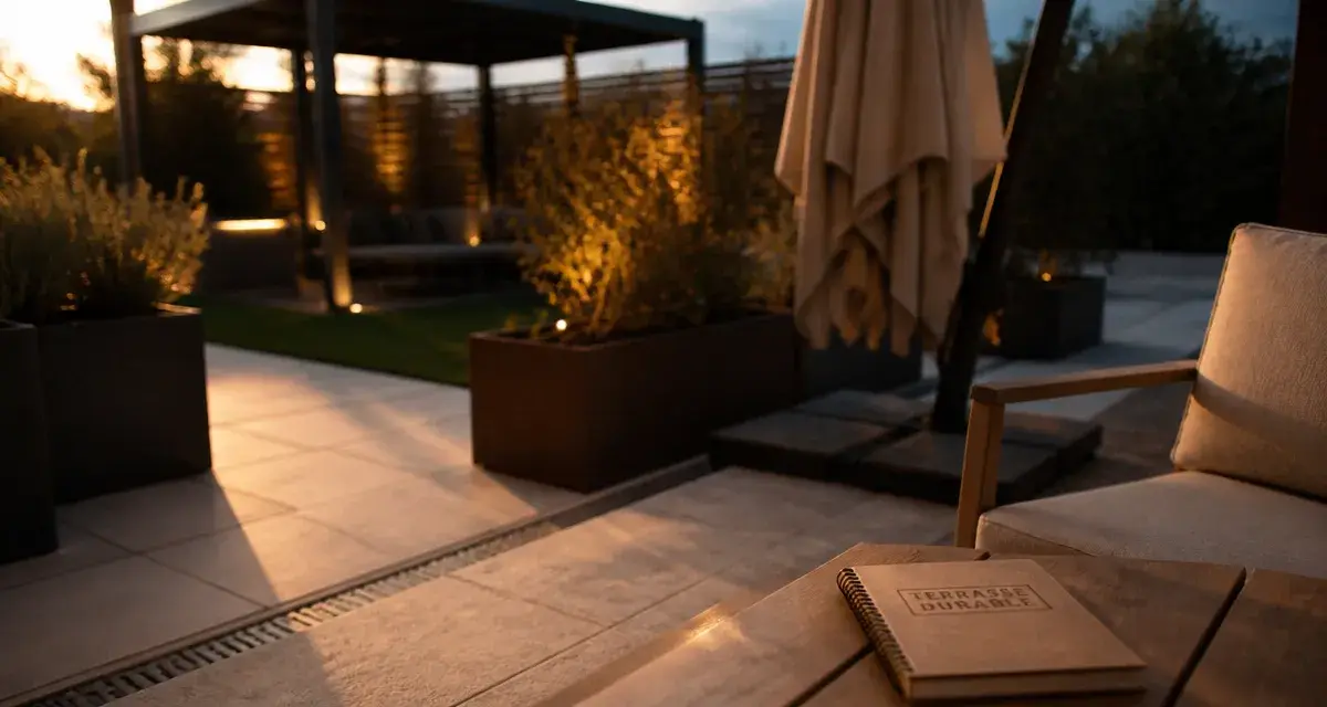 Aménagement extérieur terrasse moderne en pierre et bois avec drainage discret