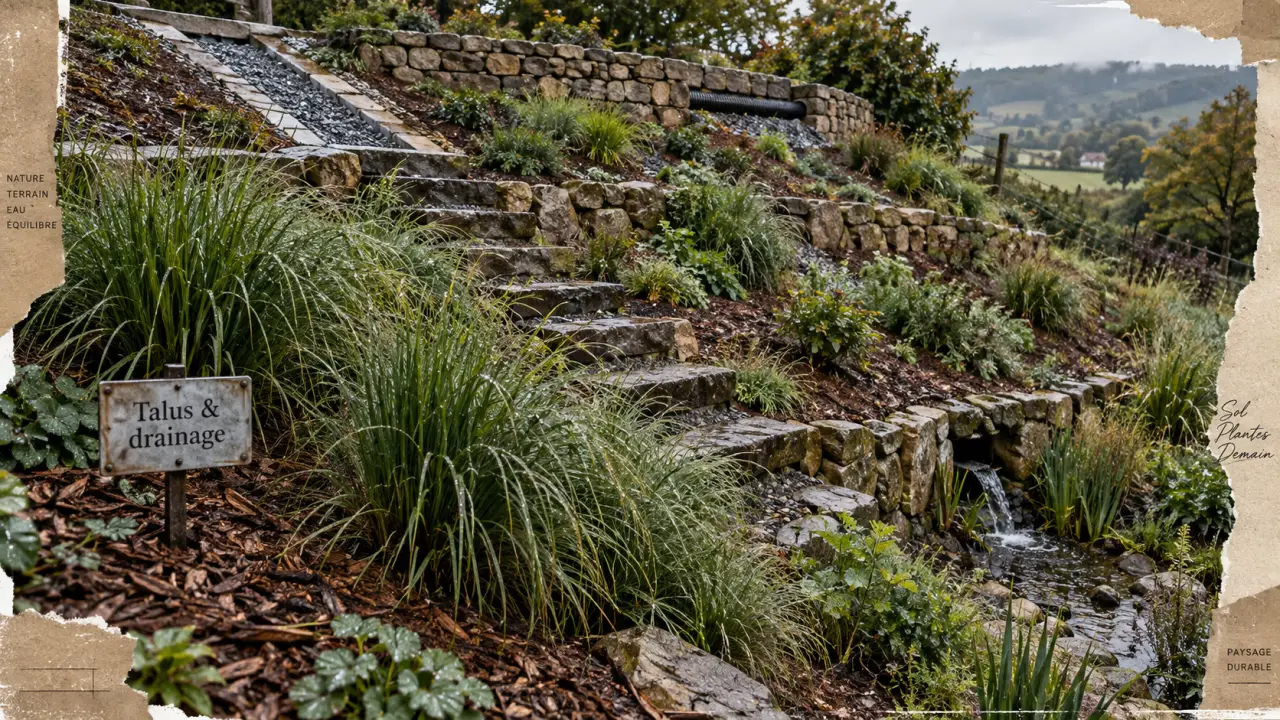 Amenagement talus raide : rigole drainante et exutoire