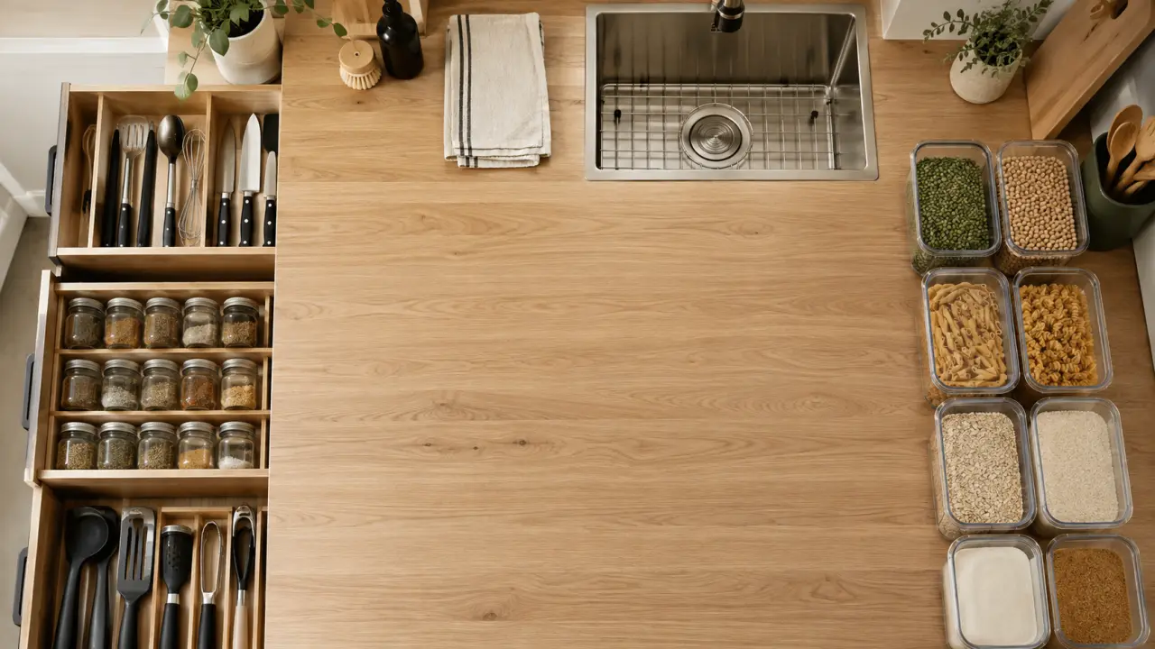 Comment organiser la cuisine : plan de travail dégagé, zones rangement cuisine