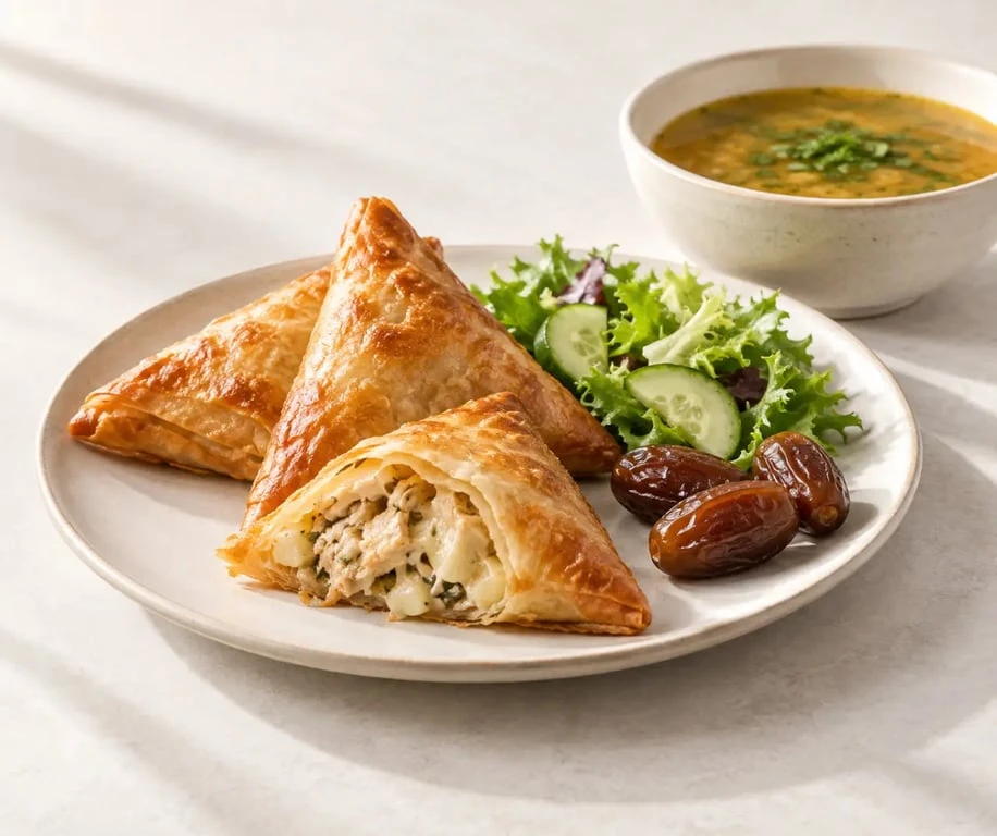 Idées repas Ramadan avec bricks au poulet, pommes de terre et fromage servies avec une salade