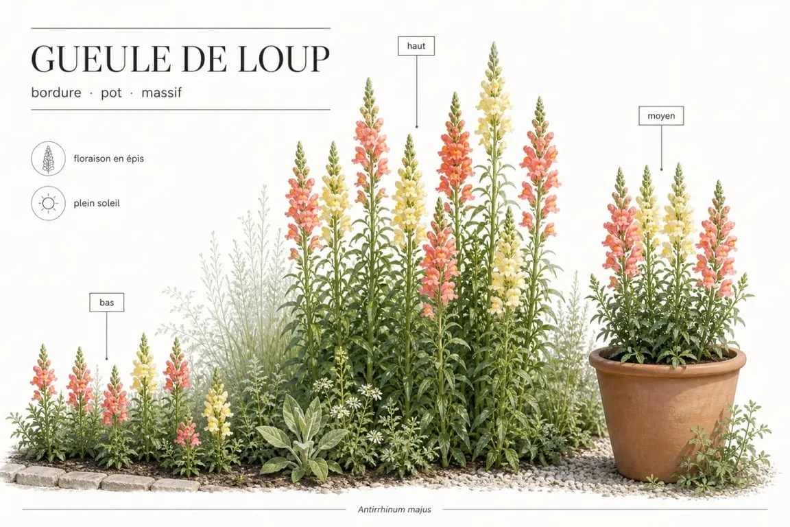 Gueule de loup au jardin montrant plusieurs hauteurs et couleurs