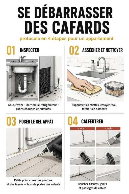 Comment se débarrasser des cafards : schéma des zones à inspecter, des gels appâts et des accès à boucher dans une cuisine