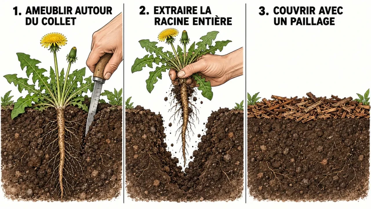Comment désherber un pissenlit en retirant toute sa racine puis en paillant le sol