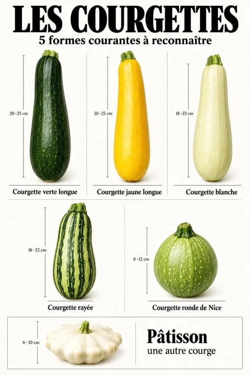 Les principales sortes de courgette vertes, jaunes, blanches, rayées et rondes