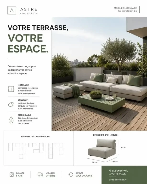 Aménagement extérieur terrasse moderne avec mobilier modulable et bois