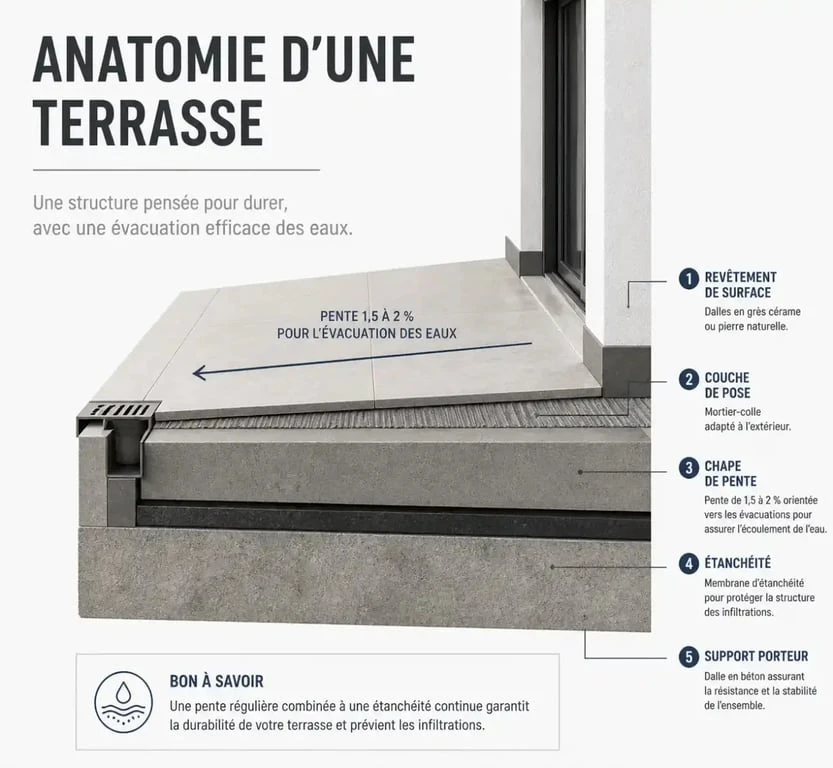 Schéma technique d'aménagement extérieur terrasse montrant la pente de drainage