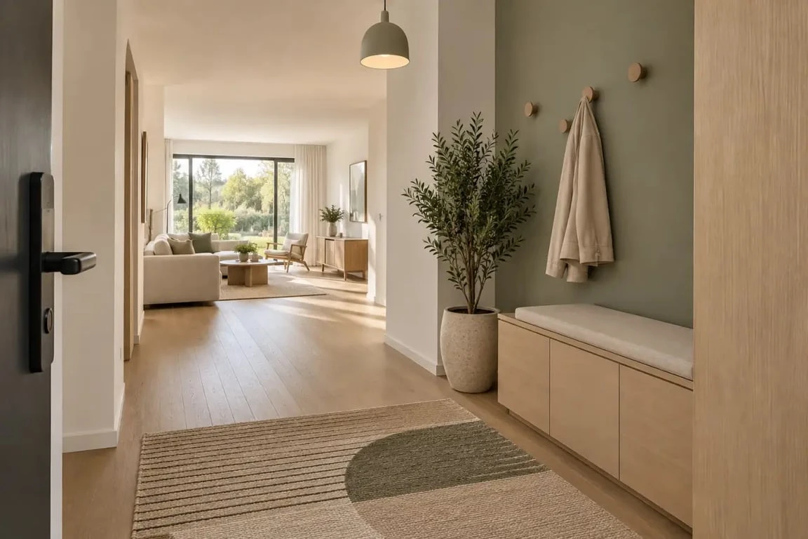 Petit hall d entrée design ouvert sur le séjour avec tapis, meuble bas et éclairage