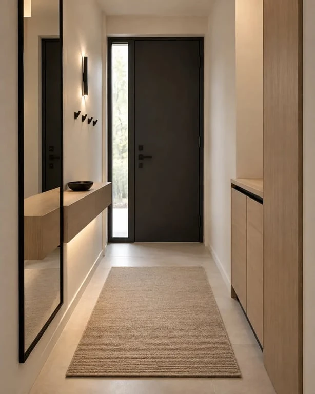 Petit hall d entrée design étroit avec console murale, miroir et rangements compacts