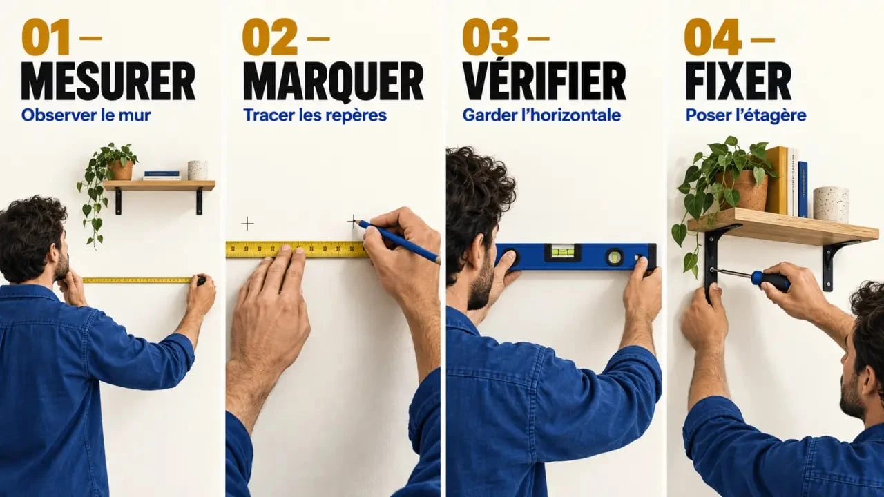 Illustration étape par étape pour savoir bricoler blog : mesurer, aligner et fixer une étagère