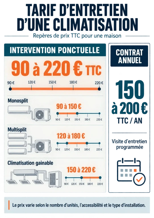 Infographie sur le tarif entretien climatisation maison selon le type d’installation et la prestation