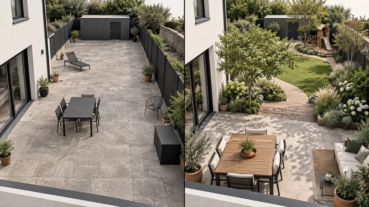 Idées d’aménagement de jardin avant après avec terrasse, ombrage et plantations