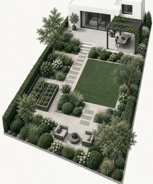 Idées d’aménagement de jardin avec terrasse, cheminement, massifs et coin repos