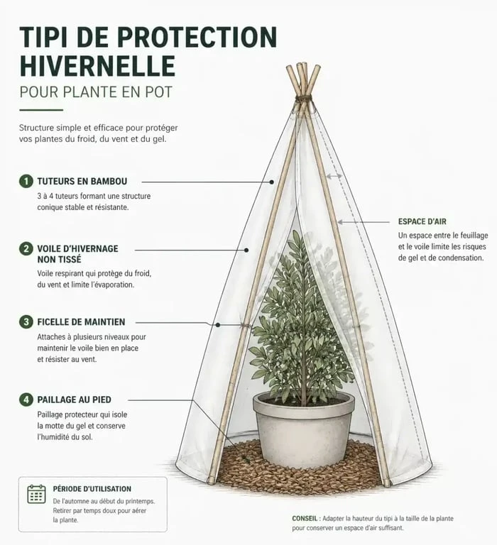 Schéma explicatif pour fabriquer un voile d'hivernage fait maison pour protéger ses plantes du gel