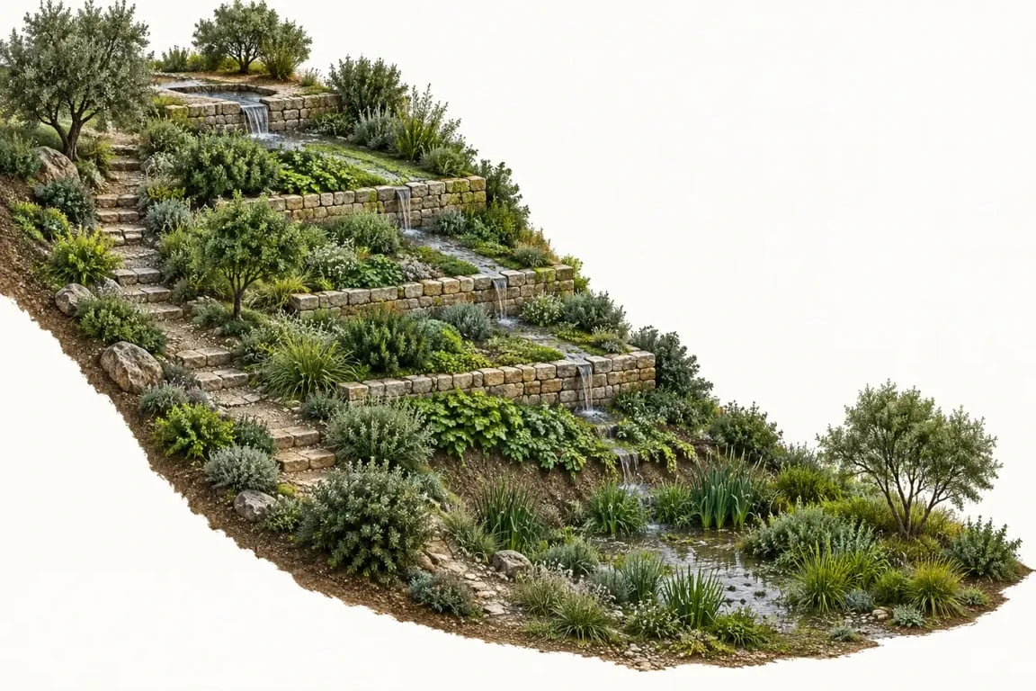Aménagement de talus raide avec paliers, drainage, escalier et végétalisation