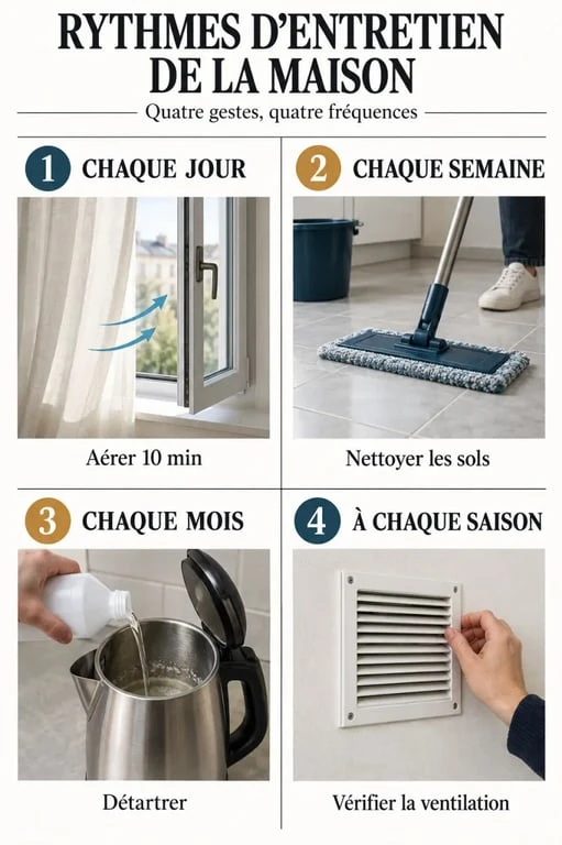 Infographie sur les quatre rythmes d’entretien de la maison