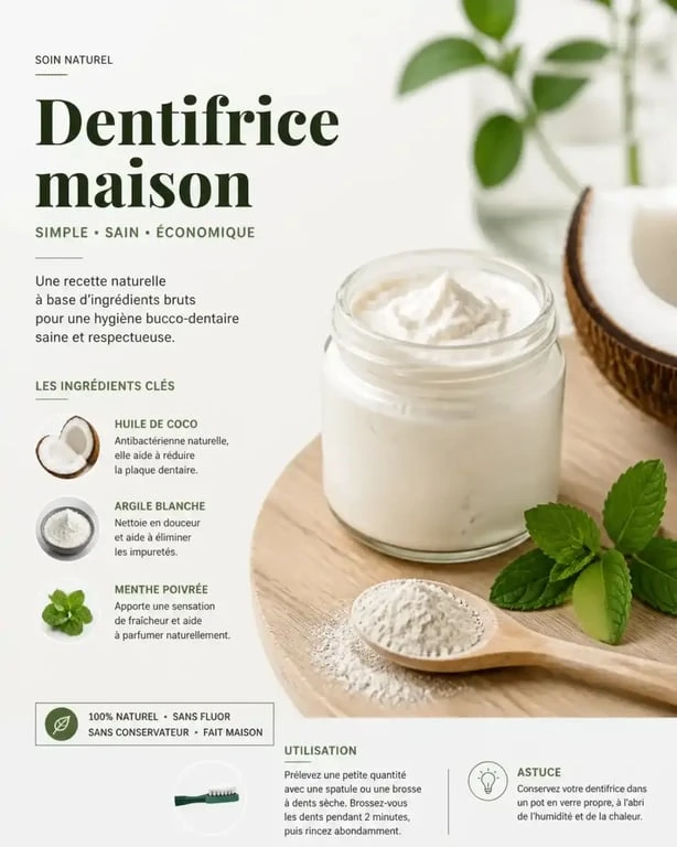 Recette de grand-mère dentifrice naturel maison dans un pot en verre avec ingrédients