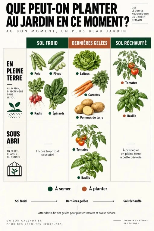 Infographie pour savoir que peut-on planter dans le jardin en ce moment selon la saison et le risque de gel