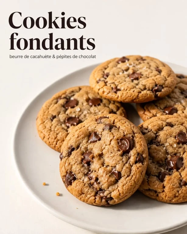 Recette avec beurre de cacahuète : cookies fondants au beurre de cacahuète et pépites de chocolat sur assiette blanche
