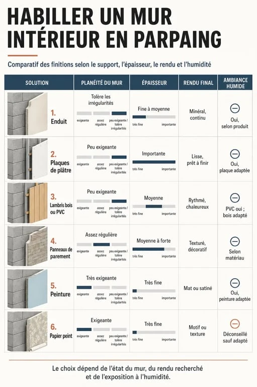 Infographie comparative pour l’habillage d’un mur intérieur en parpaing avec enduit, plaques, lambris et panneaux