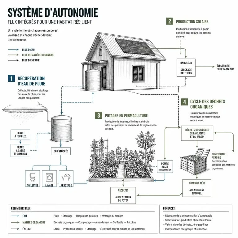 Schéma des flux pour vivre en autonomie : eau, énergie et alimentation