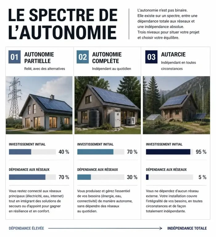 Spectre de l'autonomie pour vivre en autonomie : partielle, complète ou autarcie