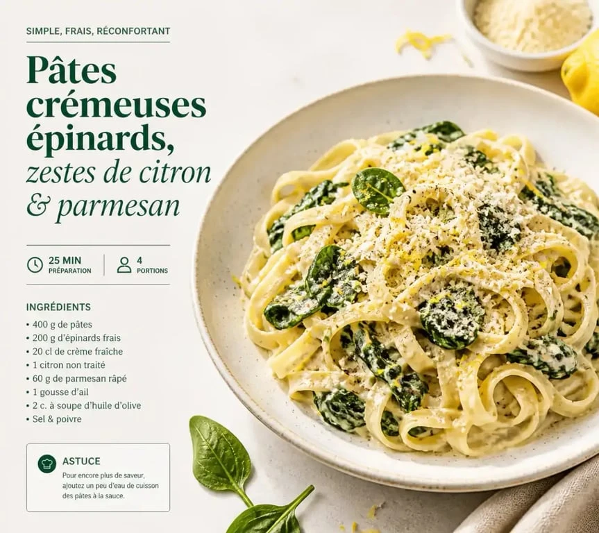 Recette de pâtes crémeuses aux épinards et citron, une idée de recette de cuisine rapide et facile pour le soir