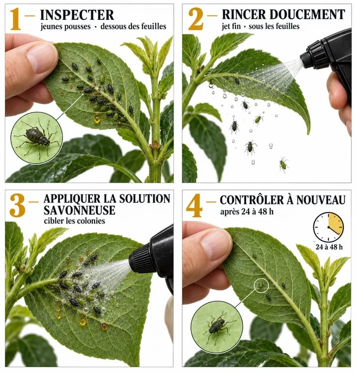 Traitement contre les pucerons en quatre étapes, de l’inspection des feuilles à la pulvérisation ciblée