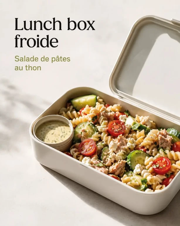 Idées repas froid : salade de pâtes au thon, concombre et tomates cerises en lunch box