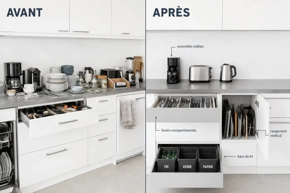 Comment organiser la cuisine : avant après d’un plan de travail dégagé et de rangements optimisés