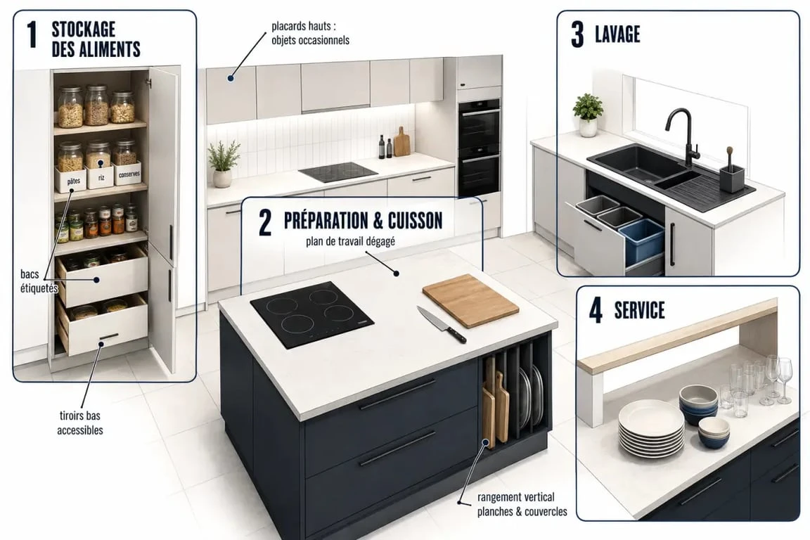 Comment organiser la cuisine : schéma des 4 zones fonctionnelles et du plan de travail dégagé