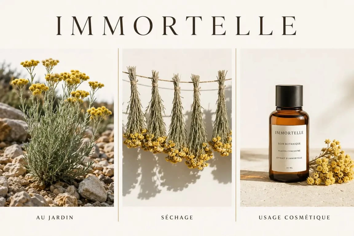 Fleurs immortelles : plante vivante, bouquet sec et usage cosmétique dans une composition éditoriale