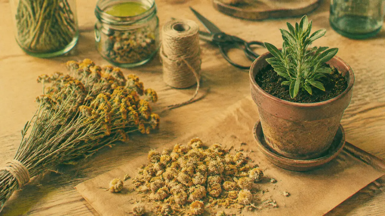 Fleurs immortelles séchées : bouquet sec sur table en bois