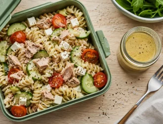 Idées repas froid : lunch box salade de pâtes froide au thon et feta