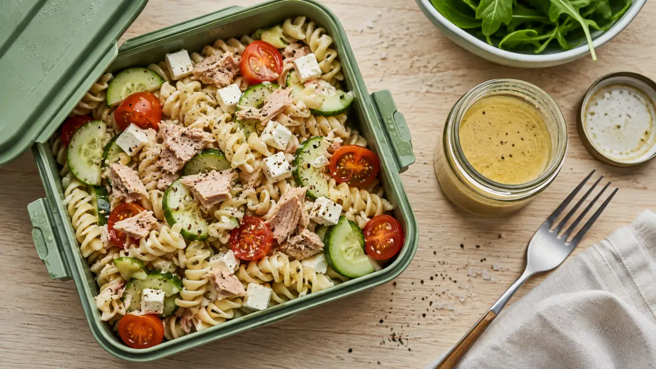 Idées repas froid : lunch box salade de pâtes froide au thon et feta