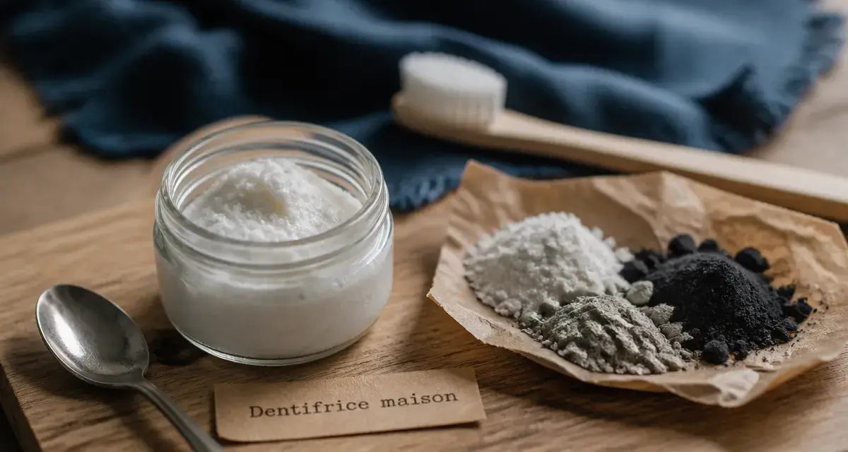 Recette de grand-mère dentifrice naturel maison, pot de pâte à l’huile de coco et argile