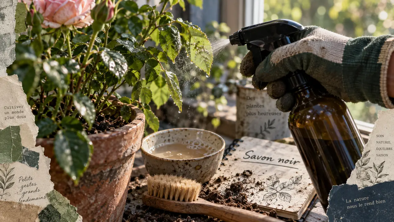 Traitement contre les pucerons au savon noir pulvérisé sous les feuilles