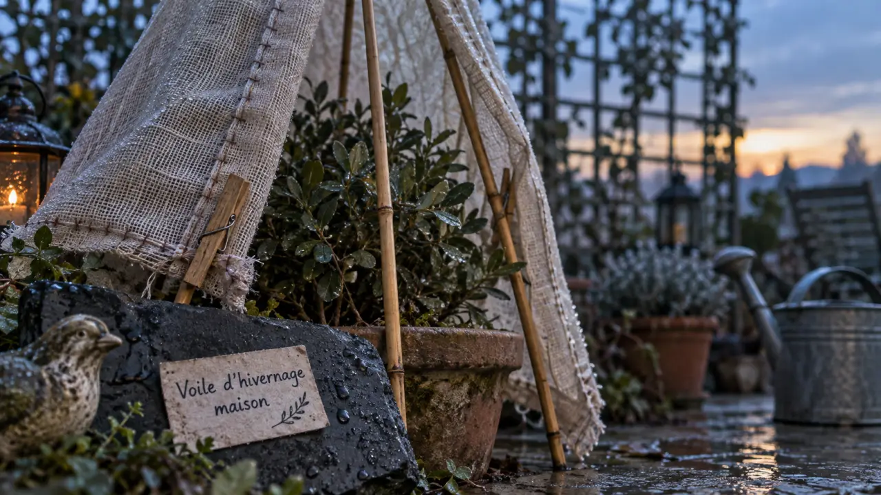 Voile d'hivernage fait maison sur arbuste en pot, tissu fixé par tuteurs