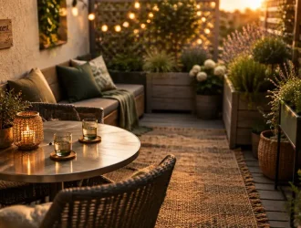 Aménagement patio extérieur : petit patio encaissé au golden hour