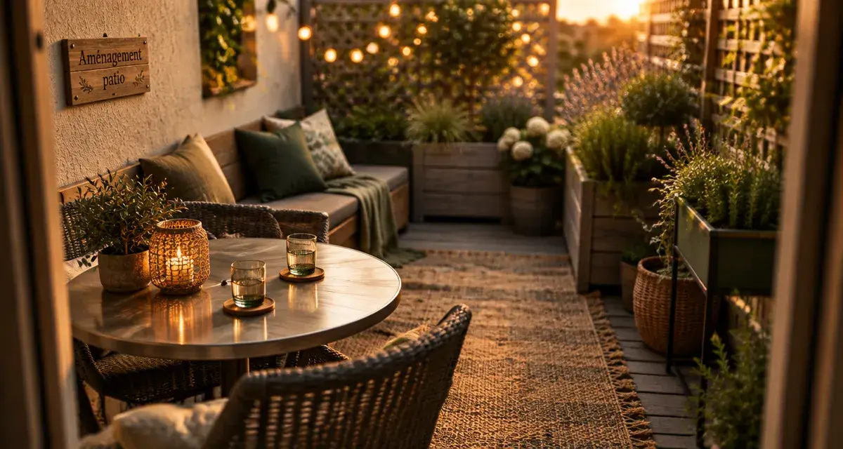 Aménagement patio extérieur : petit patio encaissé au golden hour