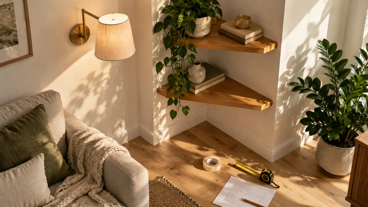 Aménager un angle perdu : étagères d’angle, applique laiton et plante verte