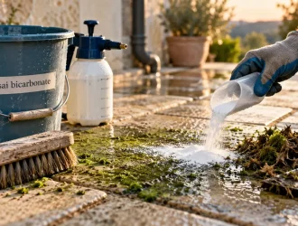 Anti mousse maison : nettoyer la terrasse en pierre, bicarbonate et brosse