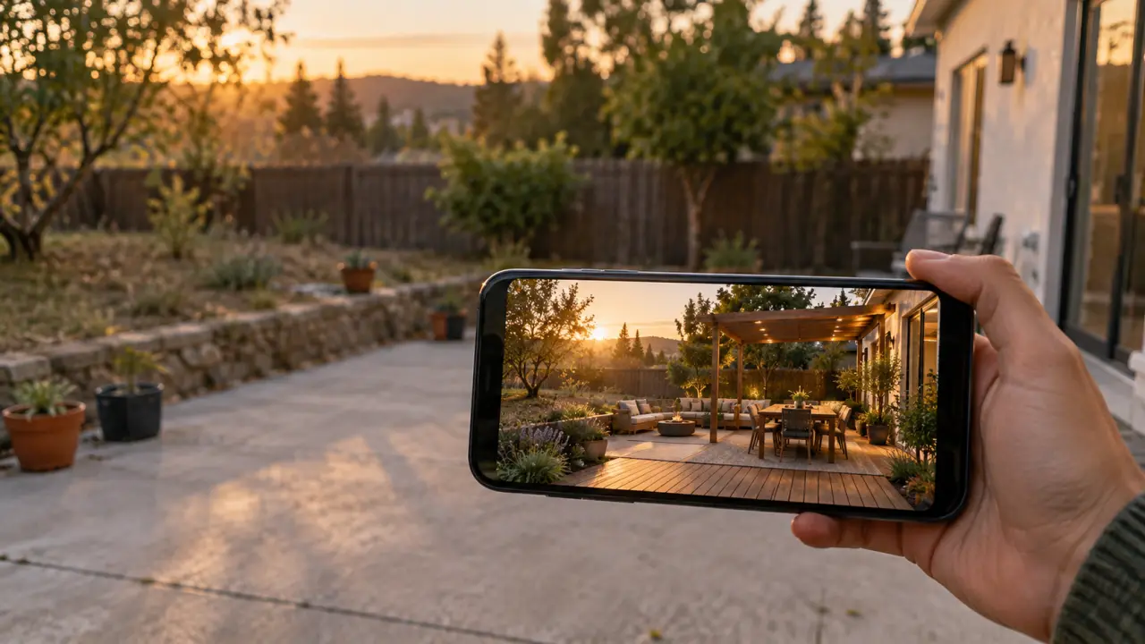 Application aménagement extérieur à partir d'une photo : terrasse avant/après